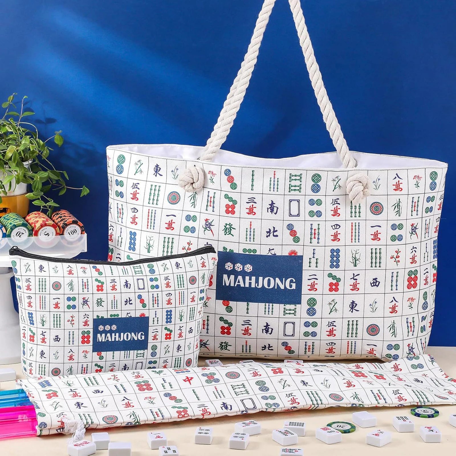 Printed canvas mahjong bag set with tile tote and rack bag