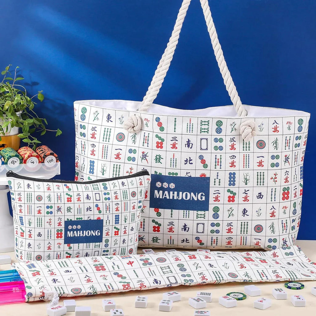 Printed canvas mahjong bag set with tile tote, rack bag and pouch, included in The Table Kit