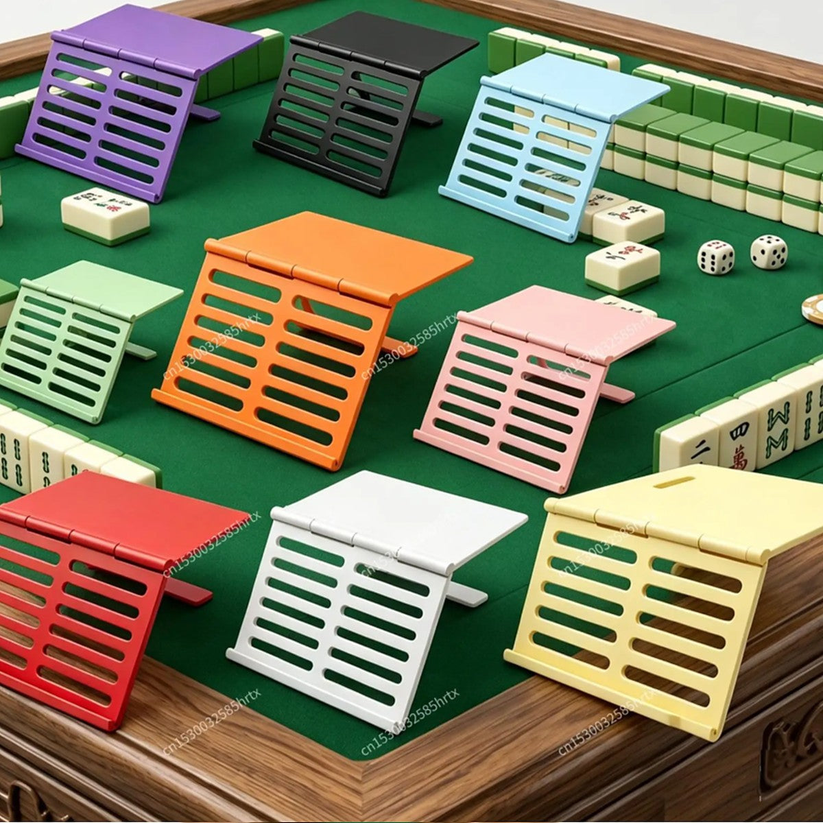 Foldable mahjong card stands in nine colors on a green mahjong table